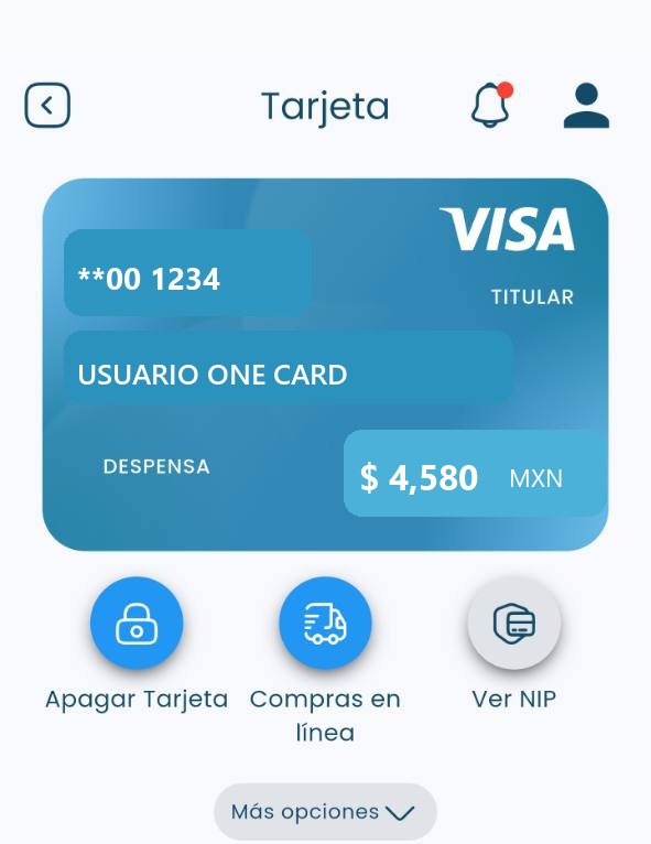 Pantalla de tarjeta en la app One Card con saldo y opciones de seguridad, datos de ejemplo.